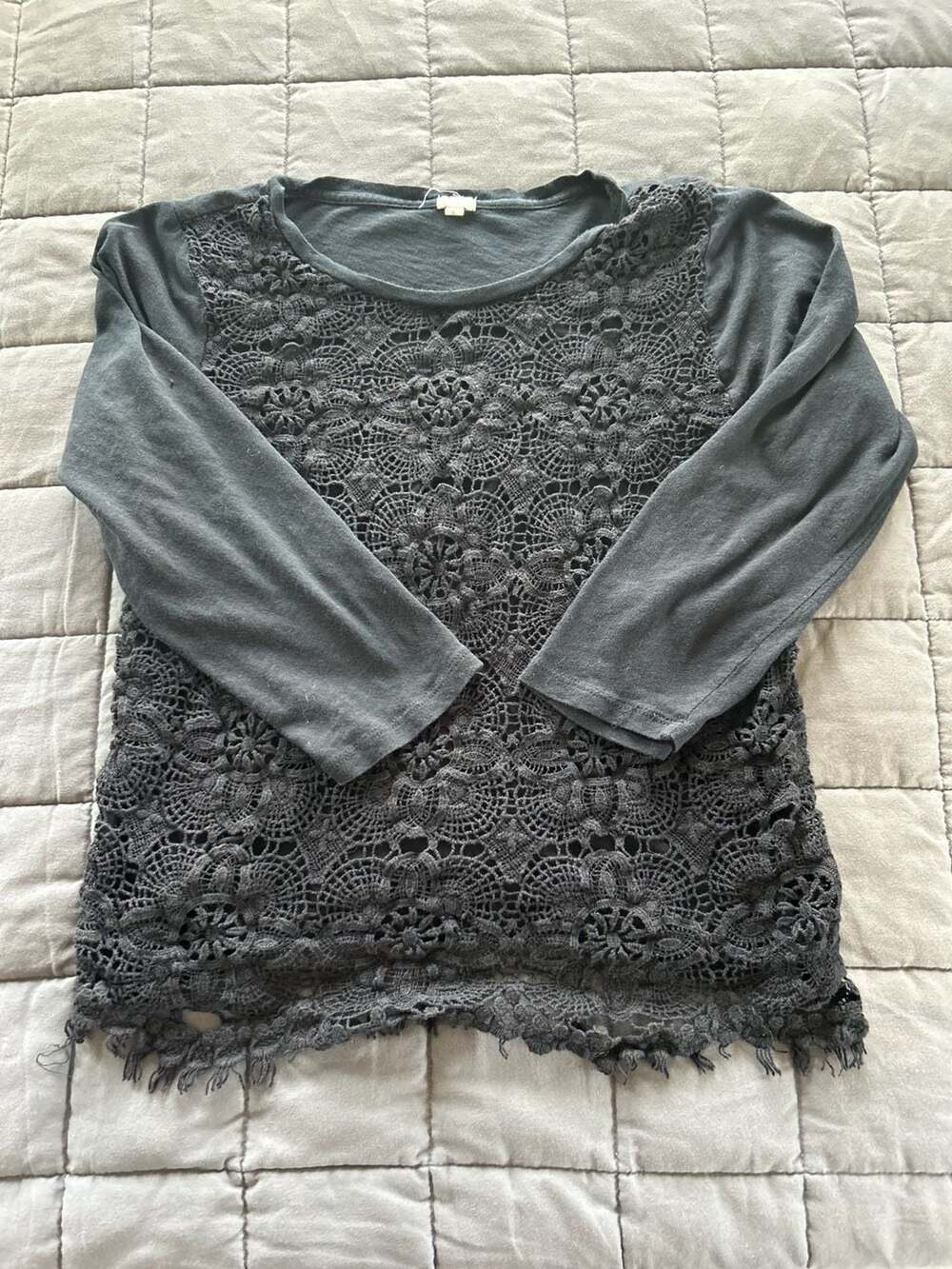 J.Crew Black Crochet Front 3/4 Sleeve Top Size L